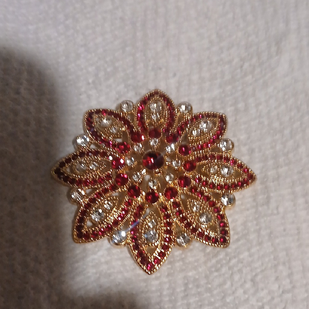 Gold and Red Floral Brooch with Intricate Design